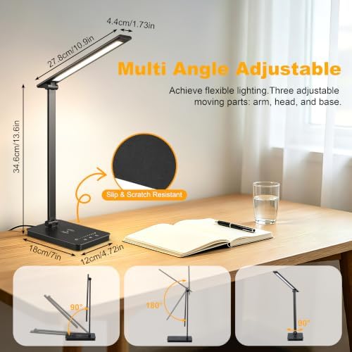 LED Desk Lamp, USB Charging Port Touch Control for Home Office 5 Color Modes with Timer,Adjustable Arm,Wireless Charging, 10 Dimmable Eye-Caring Table Light with Data Cable for Work Study