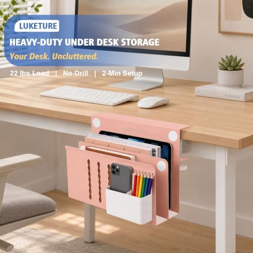 LUKETURE Desk Side Storage, 2 Tie Laptop Holder No Drill Clamp On Organizer