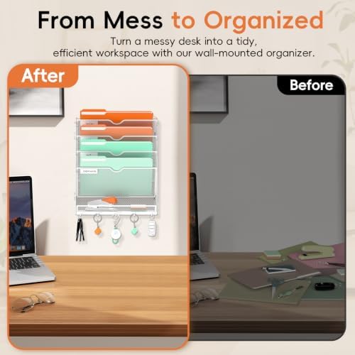 Wall File Holder Hanging Wall File Organizer, Wall Mount Mail Holder and Paper Organizer with Bottom Shelf & 5 Hooks for Office Home School (5-Tier White)