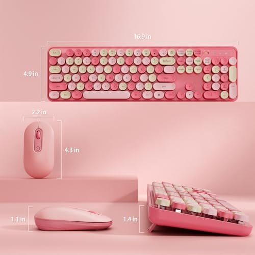 Wireless Keyboard and Mouse, Full-Sized Typewriter Keyboard Silent, Pink