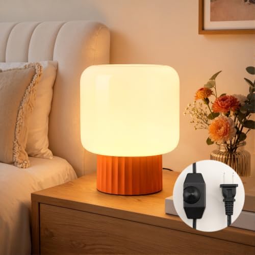 VOLISUN Mushroom Lamp, Plug-in Table Lamp with White Glass Shade, 2700K Warm White & Stepless Dimming, Modern Bedside Lamp for Bedroom, Living Room and Home Decor, 1 Pack (Orange)