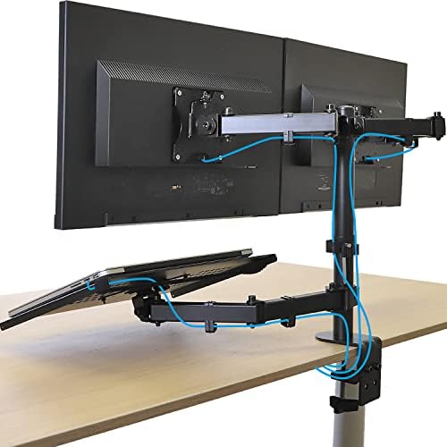 AEONS Dual Monitor and Laptop Desk Mount Combo Stand with Notebook Tray fits 17 inch, 3-in-1 Adjustable Triple Arm Mount fits 27 inch LCD Screen with VESA, Clamp and Cable Management, Black