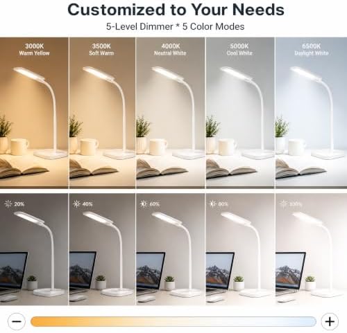 White LED Desk Lamp for Home Office Dorm,Eye-Caring,Gooseneck,Flicker-Free