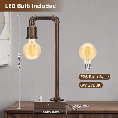 Industrial Table Lamp with Water Pipe Design, Fully Dimmable Bedside Lamp