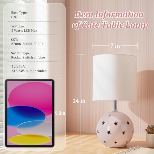 Small Table Lamp, 14" Pink Ceramic Bedside Lamp for Girls Kids Bedroom,Dorm