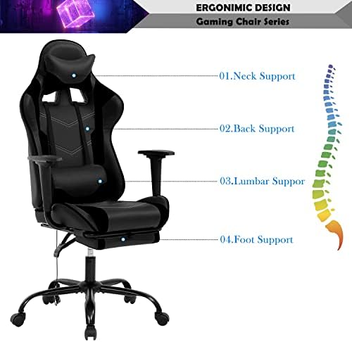 Black Massage Gaming Chair with Footrest, PU Leather Gaming Chairs for Adults, High Back Office Chair Ergonomic Desk Chair Computer Chair, Reclining Gamer Chair, Height & Backrest Adjustable, 300 Lbs