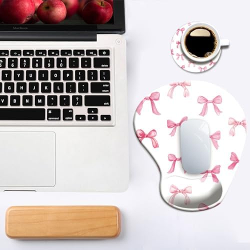 Ergonomic Mouse Pad with Wrist Support,Cute Mouse Pad with Wrist Rest and Coaster Set,Office Supplies Non-Slip Mouse Pads for Desk, Non-Slip Comfortable,Pink Bow