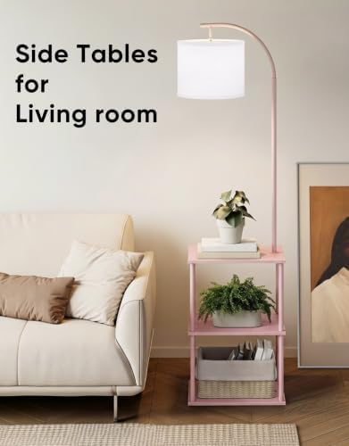 PARTPHONER Floor Lamp with Table, Night Stand with Lamp, Narrow Side Table with 3CCT LED Bulb, Small Coffee Table, Modern End Table with Storage Shelves for Living Room Bedroom Home Décor Pink