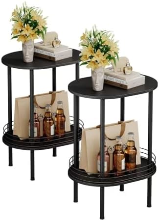 Black Oval Nightstand Set of 2, Small Modern Round Side Table with Storage