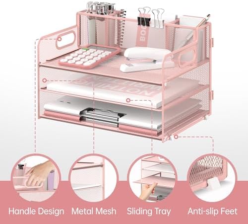 3-Tier Desk Organizer with Pen Holder and Handles, Paper Organizer, Pink
