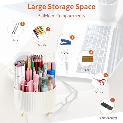 Desk Pencil Pen Holder, 5 Slots 360°Degree Rotating Pen Organizers for Desk, Desktop Storage Stationery Supplies Organizer, Cute Pencil Cup Pot for Office, School, Home, Art Supply, Beige