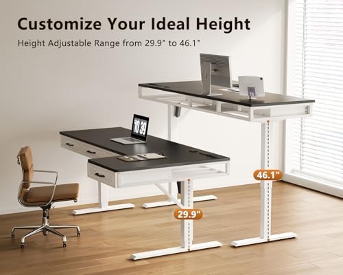 OffiGo 63 Inch L Shaped Standing Desk with 4 Wooden Drawers, White+Black