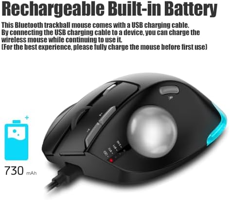 zelotes Wireless Trackball Mouse,Bluetooth Mouse,Rechargeable,4800 DPI, 2-in-1(BT 5.0/3.0+2.4GHz USB Receiver), 8 Buttons,Ergonomic Design,LED Lighting,for Laptop, PC, Pad,Black