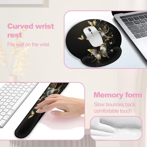 Golden Butterfly Keyboard Wrist Rest Pad Mouse Pad Set,Ergonomic Mousepad Wrist Support Memory Foam Desk Pad for Gaming Office,Non-Slip Rubber Base Easy Typing for Home Office Computers