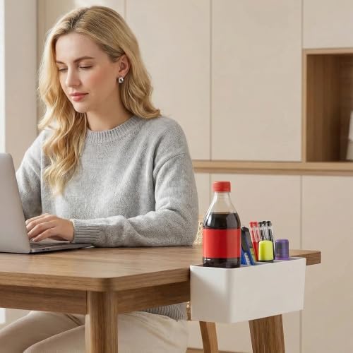 Desk Side Storage, Side Desk Organizer, No Drill Hanging Desk Organizer with 4 Large Pockets, Table Hanging Storage for Office & Home, Fits Flat Table Edge 1.26" (White)