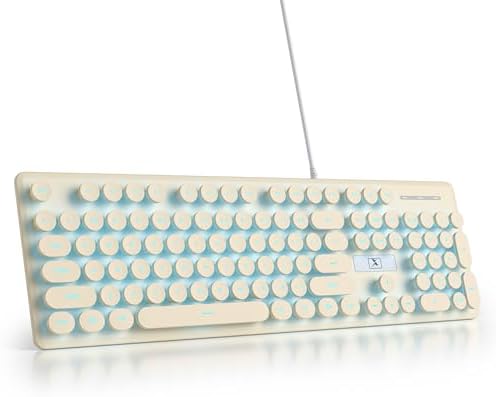 surmen Cute Quiet Keyboard Wired Retro Typewriter, Full Size Soft Keyboards with Number Pad, Round Keys, Backlit USB for Office, Desktop, Laptop (Beige)