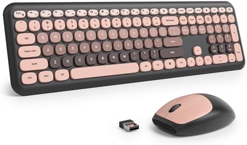 Surmen Cute Colorful Keyboard and Mouse Wireless Silent, Full-Size Retro Typewriter Wireless Quiet Black and Pink Keyboard Low-Noise 2.4GHz for Computer, Desktop, Laptop(6-Heimei)