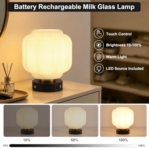 Rechargeable Table Lamp, Cordless Milk Glass Bedside Lamp Small