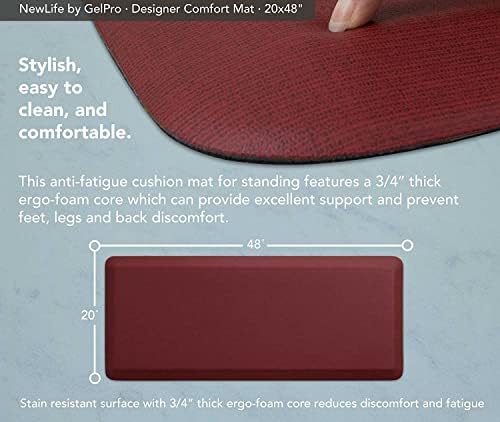 NewLife by GelPro Anti-Fatigue Designer Comfort Kitchen Floor Mat, 20x48”, Grasscloth Crimson Stain Resistant Surface with 3/4” Thick Ergo-Foam Core for Health and Wellness