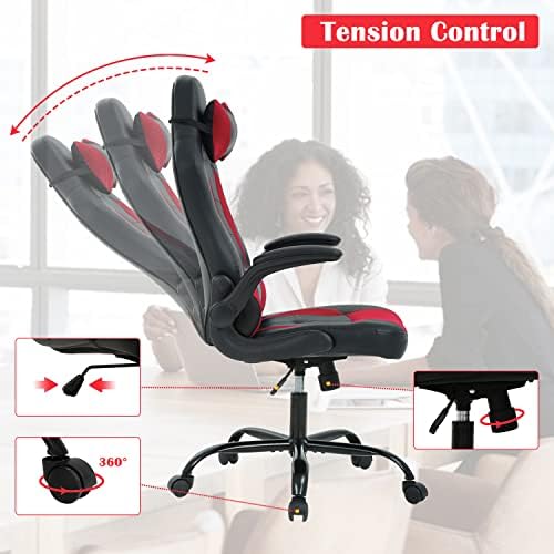 Red PU Leather Gaming Chair - Adults Ergonomic Desk Chair with Flip Up Arms, Swivel Reclining, Height & Backrest Adjustable, 300 Lbs
