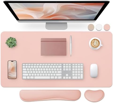 Bloss Leather Desk Pad and Keyboard Wrist Rest, Large Mouse Pad + Keyboard Pad+Mouse Wrist Support, Non-Slip Desk Mat Protector for Office, Home(31.5×15.7 Inches,Pink)