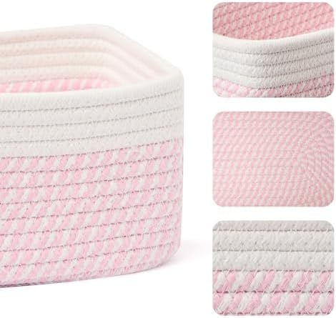 MiniArk Small Storage Baskets for Organizing | Closet Organizer Bins | Shelf Toy Basket | Woven Rope Baskets | Cube Decorative Box | Shallow Basket | 11.5x7.5x4.7” | 3 Packs White Pink