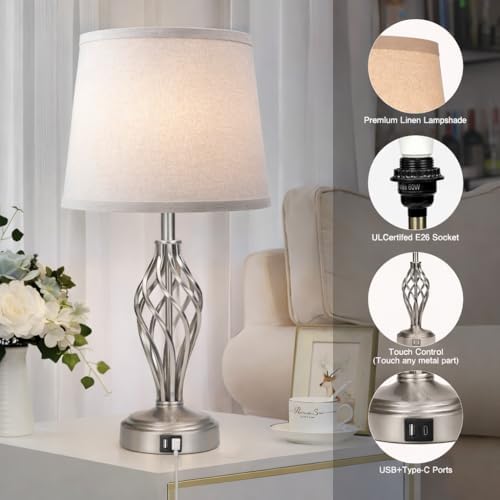 Ruiever Touch Table Lamps Set of 2, nightstand lamp with USB Ports Bedside 3 Way Touch dimmer Desk lamp for Living Room Bedroom,Nickel Plated Spiral cage Base Design Warm White dimmer Bulbs Included.