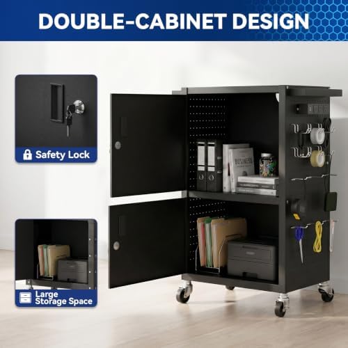 Mobile AV Cart Heavy Duty Computer Cart with 2 Locking Cabinets Rolling Media Cart with Outlets Pegboard Hooks Lock Brake Wheels Mobile Computer Workstation Perfect for Home Office