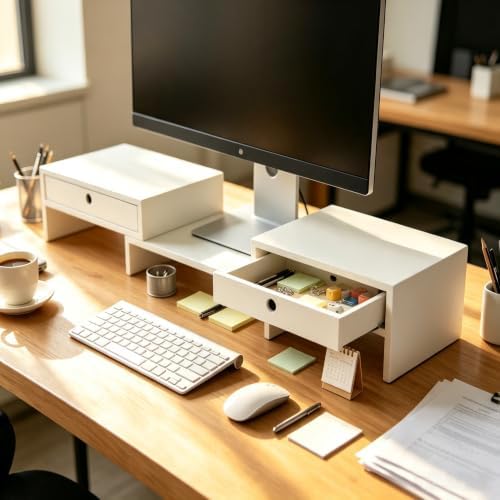 LAPTAIN Monitor Stand Riser, Adjustable Monitor Stand, 2 Drawers, White