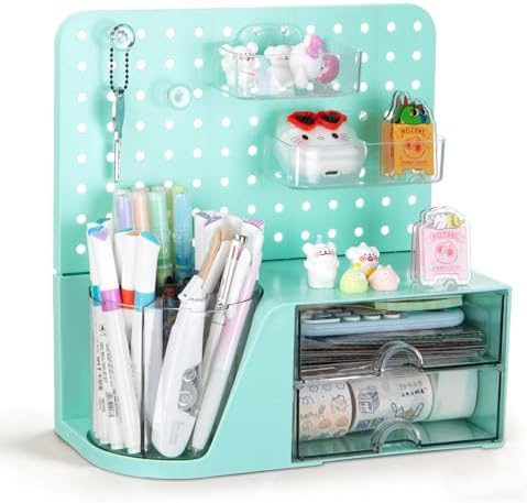 Comix Desk Organizer with 2 Drawer, Green 360° Rotating Pen Holder for Desk