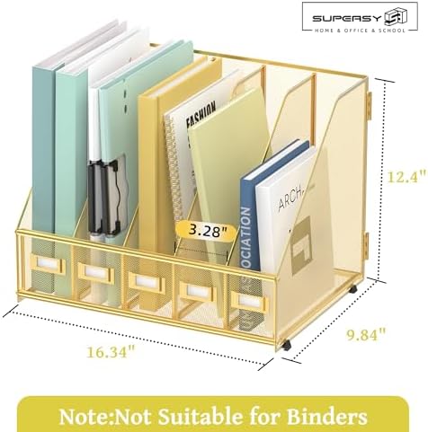 SUPEASY Desk Organizers Metal Desk Magazine File Holder with 5 Vertical Compartments Rack File Organizer for Office Desktop, Classroom, Home Workspace, Gold