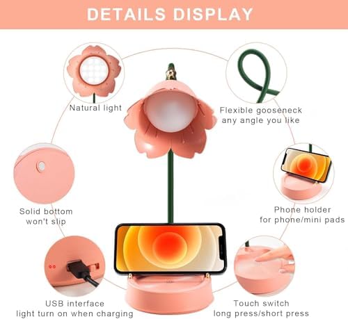Desk Lamp for Kid, Dimmable LED Table Lamp with 3 Colour Temperatures, Rechargeable Desk Lamp with Touch Sensor and Flexible Arm, USB Bedside Lamp for Reading, Learning, Working (Pink)