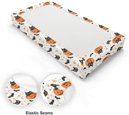 Cute Halloween Pumpkin Cat Bats Stars Pattern Baby Changing Pad Cover, Unisex Fall Winter Holiday Nursery Diaper Changing Table Pad Mat Sheet for Boys Girls-16x32