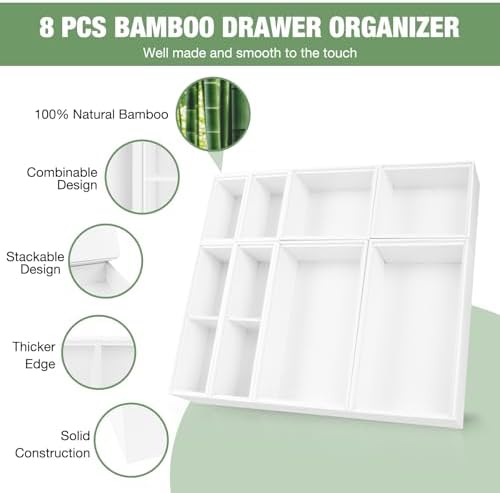 Bamboo Drawer Organizer Set, 8 PCS White Multi-Use Wood Drawer Storage Kitchen Boxes, Junk Drawer Organizer Divider Bins for Bathroom, Office Desk, Makeup, Jewelry, Utensils