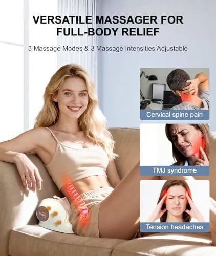 Neck Massager with Heat, Red Light & Vibration Adjustable, Heated Neck Stretcher with 3 Modes, Rechargeable Cervical Traction Device for Pain Relief & Muscle Relaxation, Gift for Women Men
