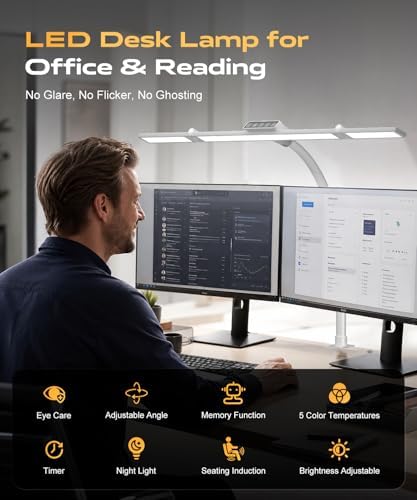 LED Desk Lamps for Home Office, Desk Light with Remote & Touch Control, Stepless Dimming,5CCT,Motion Sensor Auto On/Off, Eye-Caring Desk Lamp with Clamp for Study, Reading,Dual Monitors,White