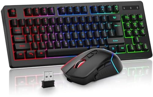 BlueFinger Wireless Keyboard and Mouse Combo, Long Lasting Rechargeable Battery 87 Keys RGB Rainbow Backlit Gaming Keyboard & Ergonomic Light Up Gaming Mouse for Mac Laptop Computer PC Gamer