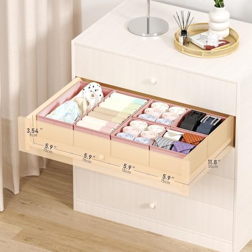 DIMJ Drawer Organizers Clothes, Set of 16 Dresser Organizer Bins, Fabric Closet Organizers and Storage, Shallow Drawer Dividers for Nursery, Clothing, Baby Clothes, Socks, Underwears, Tie (Pink)
