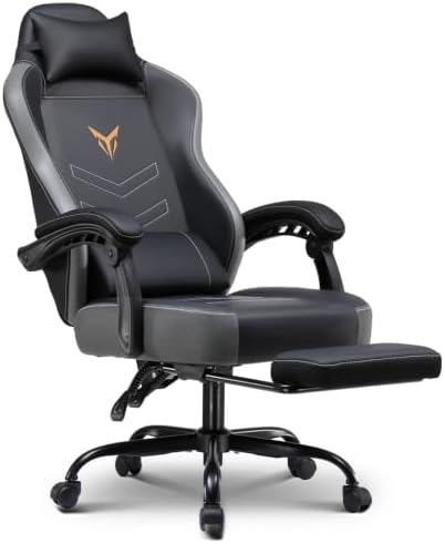 GTPLAYER Gaming Chair with Footrest, Ergonomic Office Chair 300lbs Capacity, Computer Desk Chair with Headrest and Lumbar Support, Linkage Armrests, 90-155° Recline, PU Leather Grey