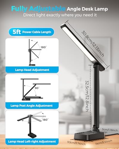 LED Desk Lamp with Power Strip, 3 AC Outlets, 4 USB Ports, Stepless Dimming