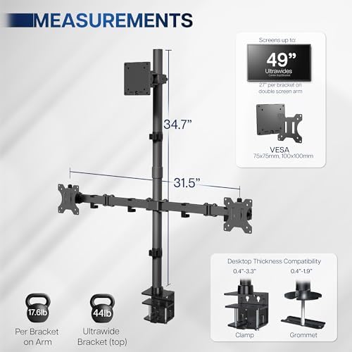 VIVO Triple Monitor Extra Tall Desk Mount for up to 49 inch Ultrawides on Center Bracket and 27 inch Screens on Side Brackets, Holds up to 44 lbs, Black, STAND-V103T