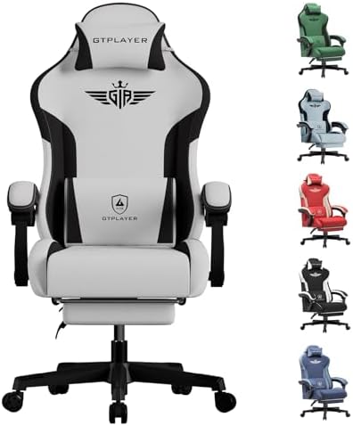 GTPLAYER Gaming Chair, Computer Office Chair Lumbar Support, Linkage Armrests and Footrest, Ergonomic Game Chair for Adults with Extended Backrest, Fabric, Grey