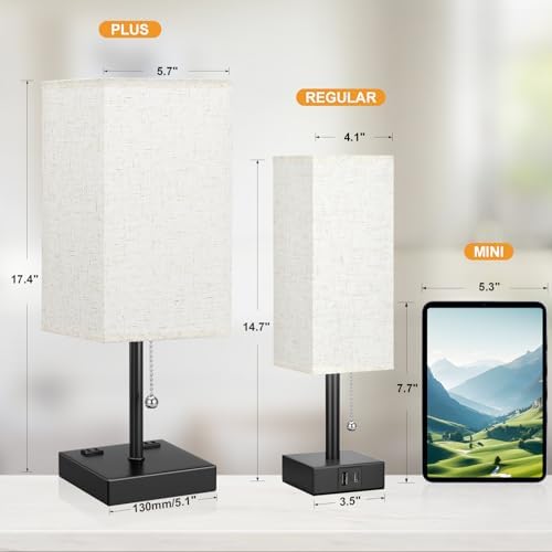 aooshine 17.4" Beige Bedside Table Lamp for Bedroom - USB C+A, 2 AC Outlets