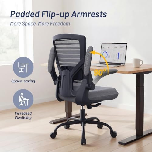 Office Desk Chair for Long Hours & Back Pain Relief – 4“ Thick Molded Foam Cushion, Enhanced Lumbar Support, Padded Flip-up Armrests, Ideal for Office or Study, Dark Gray