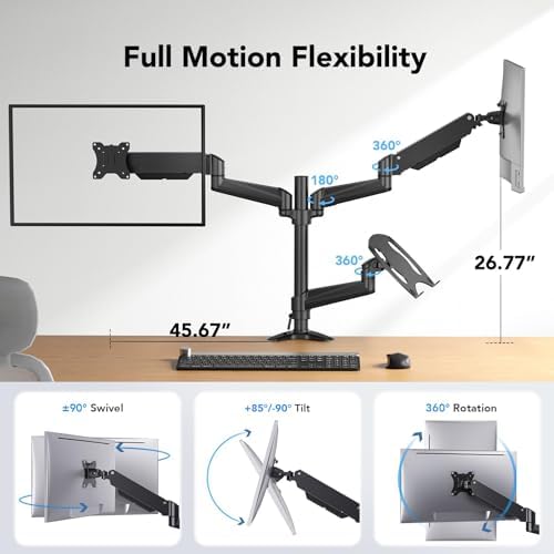 HUANUO Dual Monitor and Laptop Mount for Max 32” Monitor and 17” Laptop, Adjustable Arm with Tilt, Swivel and Rotation, Dual Monitor and Notebook Stand with VESA Bracket 75/100 mm