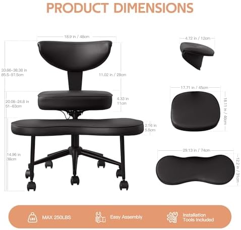 Ergonomic Cross Legged Chair, 360° Swivel Meditation Chair with Wheels - Adjustable Height for ADHD Desk & Yoga, Wide Criss Cross Chair for Home, Black