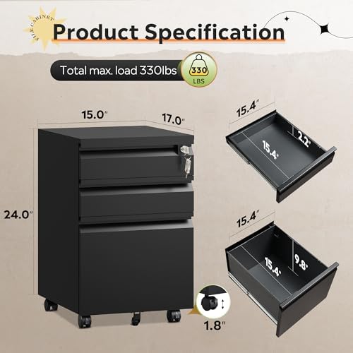 DEVAISE 3 Drawer Mobile File Cabinet with Lock, Required Assembly