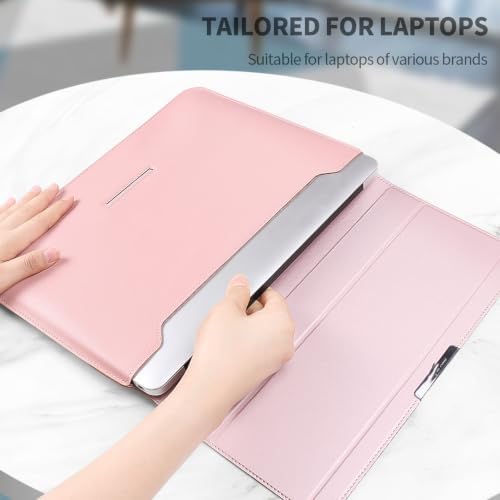 4 in 1 Ergonomic Workstation Set - Foldable Laptop Sleeve and Stand, Premium Leather Portable Computer Riser for 11-17 Inch Laptops, Waterproof Travel Organizer with Cooling Design (Pink,16-17")