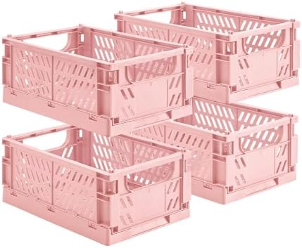 HUUSMOT 4-Pack Collapsible Plastic Storage Baskets, Pink, 9.8"x6.5"x3.8"
