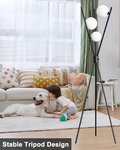 3 Globe Dimmable Tripod Floor Lamp, Mid Century Standing Lamps with 3Pcs 3000K Bulbs Included, Modern Tall Lamp for Living Room Bedroom Office-Black